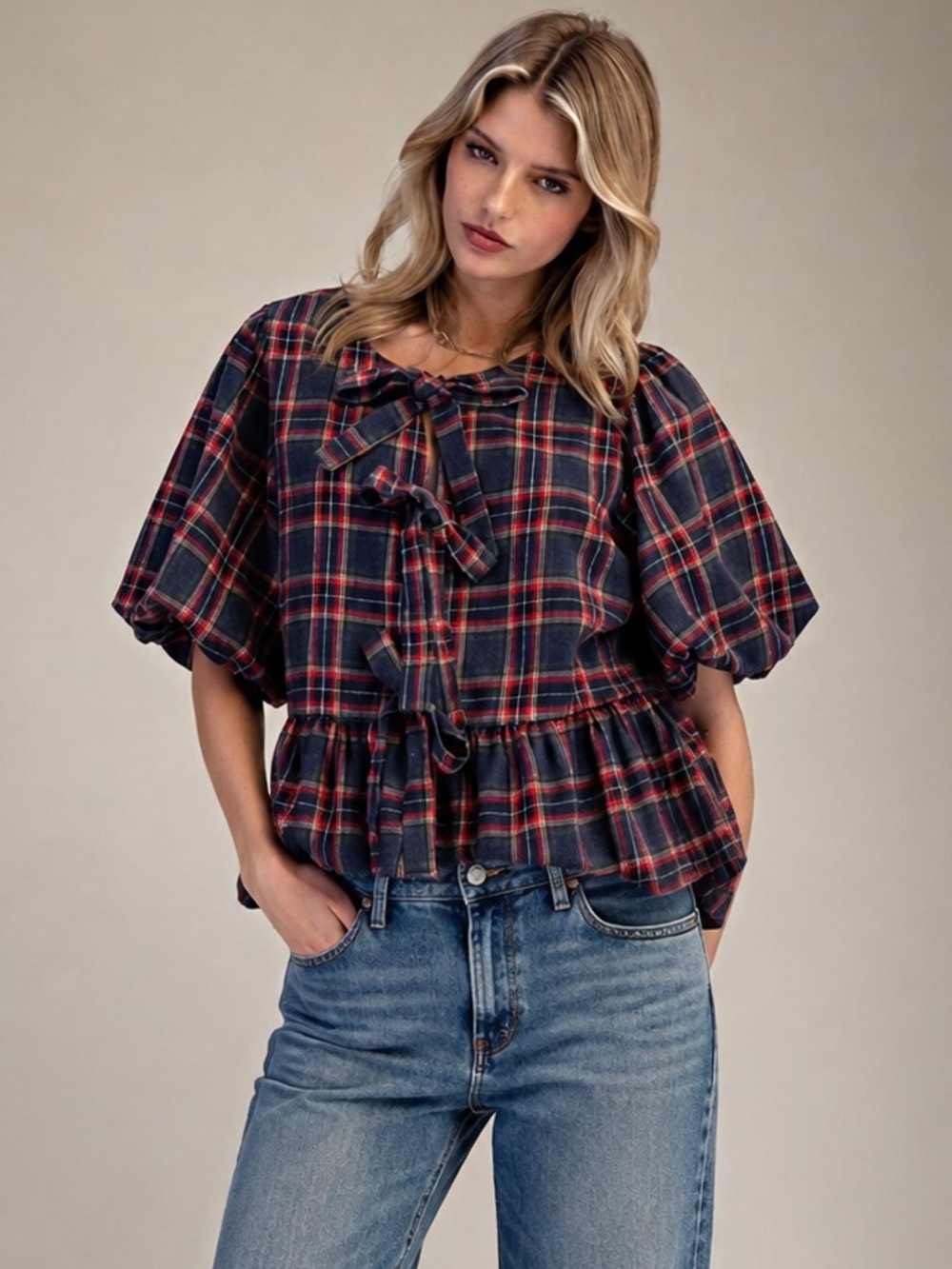 #101 New! Easel Plaid Tie-Front Peplum Top